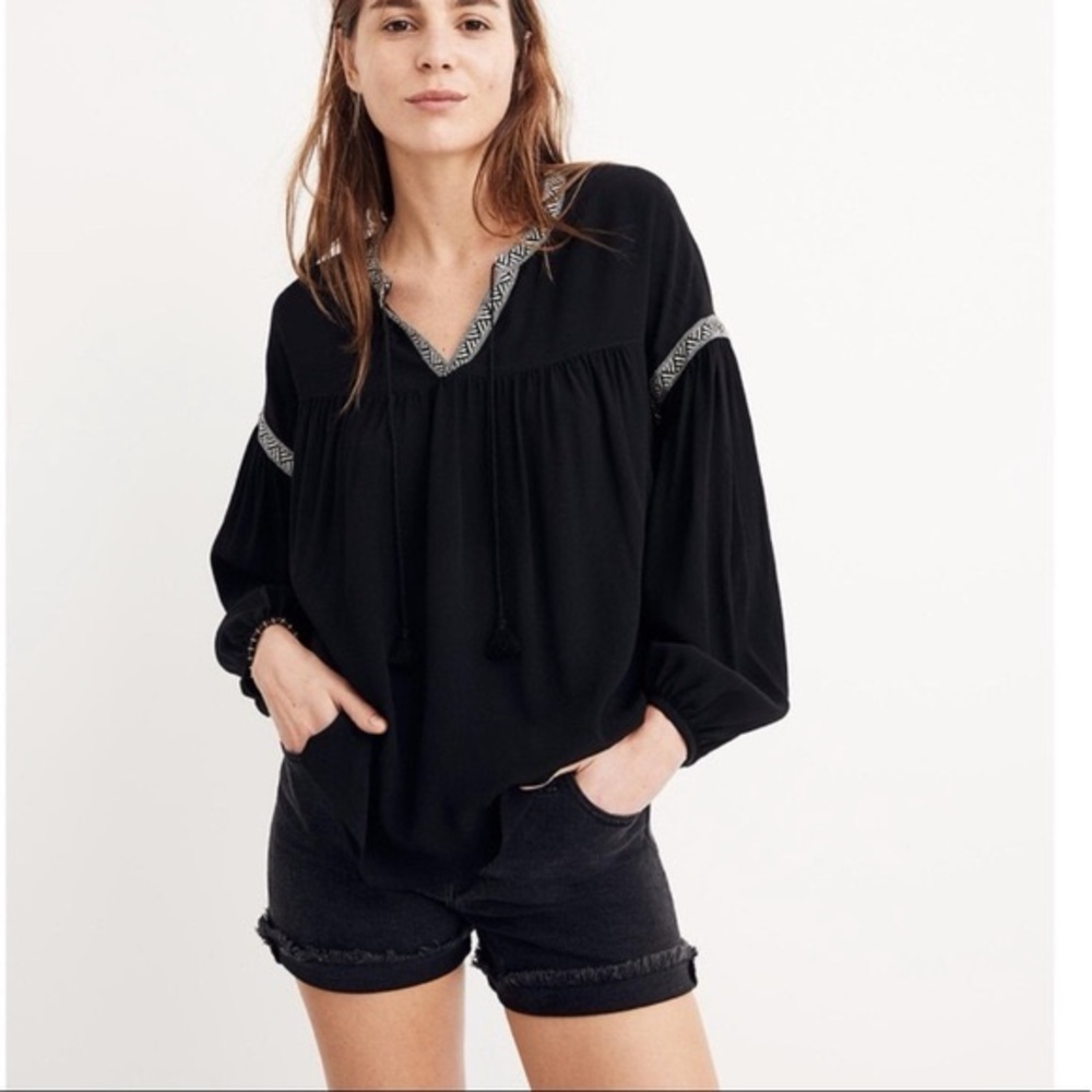 Madewell Black Embroidered Blousan Top, Black Peasant Blouse S